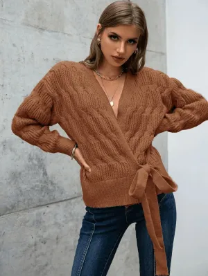 Cable Knit Drop Shoulder Wrap Knot Side Sweater
