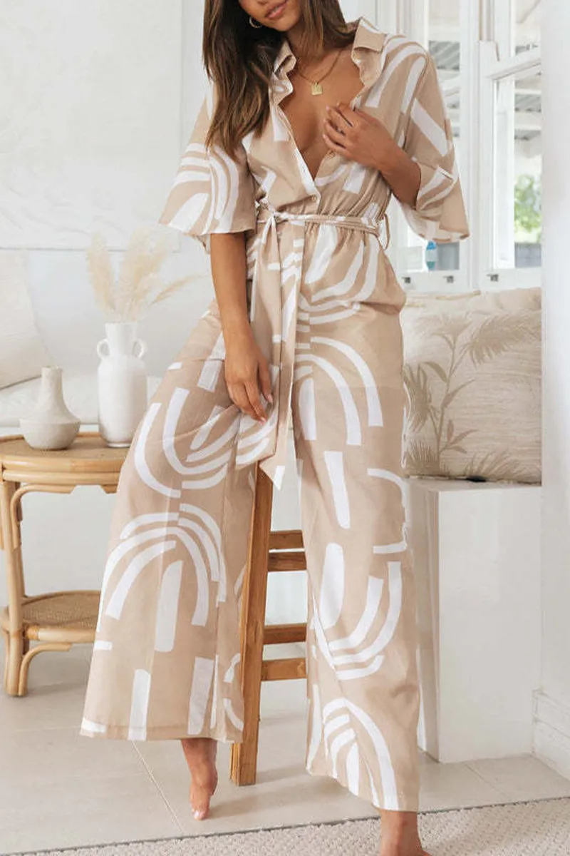 Casual Geometric Print Frenulum Turndown Collar Loose Jumpsuits