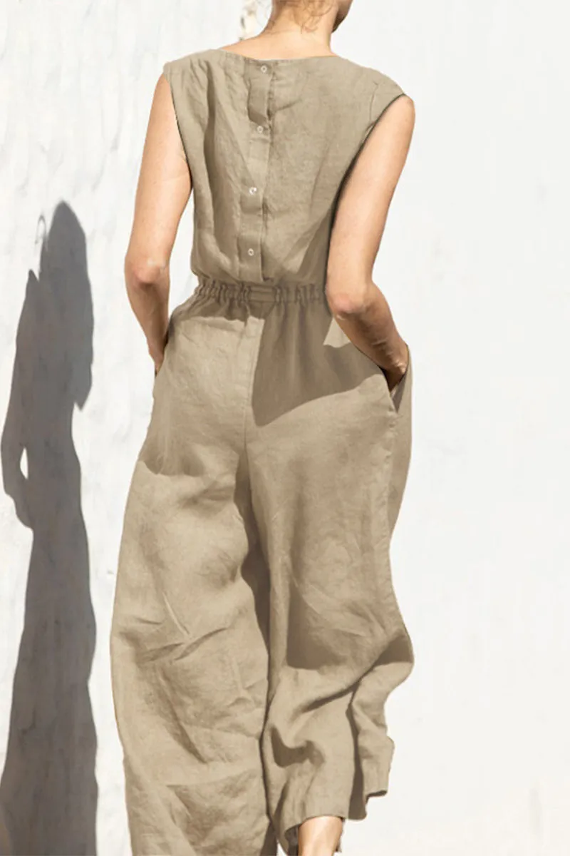 Casual Simplicity Solid Pocket O Neck Loose Jumpsuits