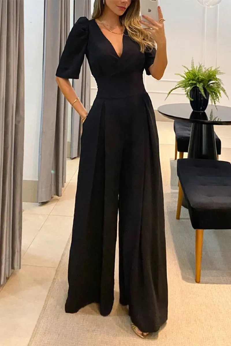 Casual Solid Color V Neck Jumpsuits(2 Colors)