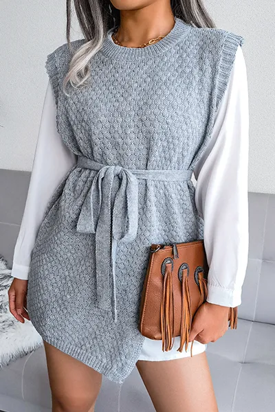 Casual Solid Slit With Belt O Neck Tops Sweater