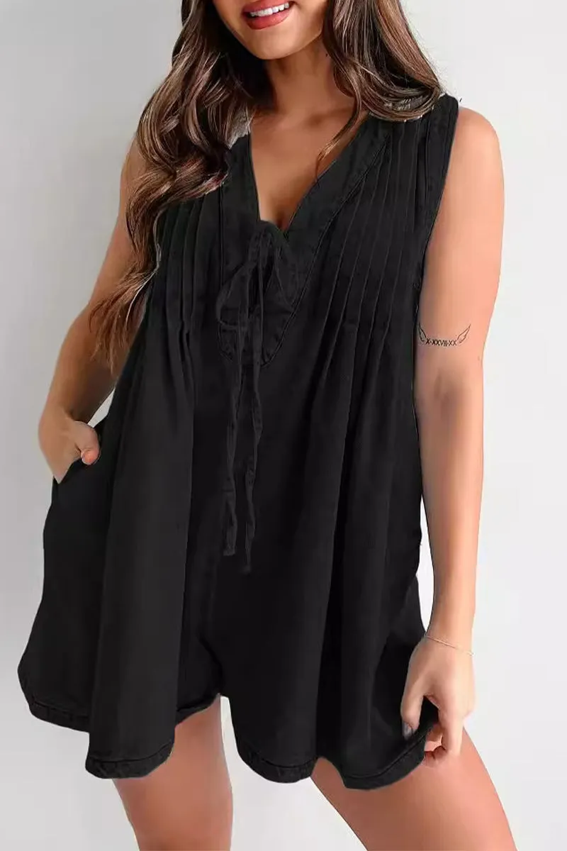 Casual Street Pocket Lace Up V Neck Sleeveless Loose Denim Jumpsuits