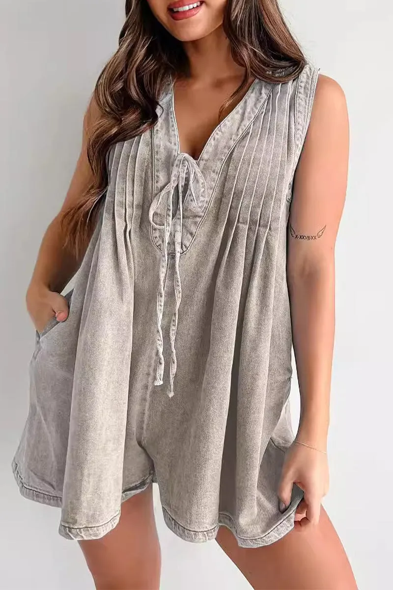 Casual Street Pocket Lace Up V Neck Sleeveless Loose Denim Jumpsuits