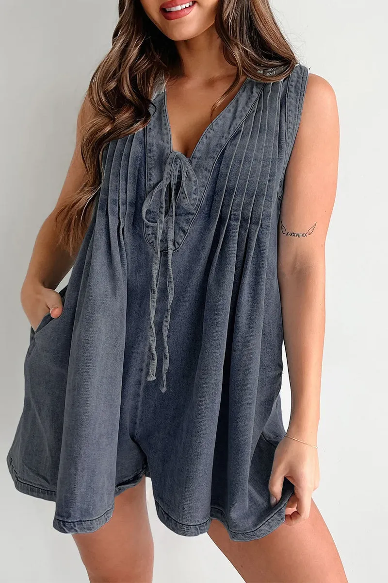 Casual Street Pocket Lace Up V Neck Sleeveless Loose Denim Jumpsuits