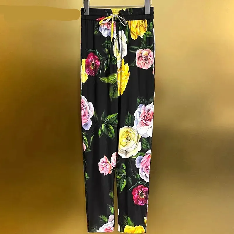 Casual Tops Elastic waist lace up Pencil Pants Print Silk 2-piece