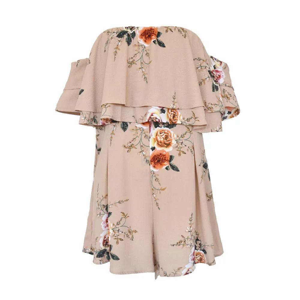 Celino Women Apricot Floral Print Off Shoulder Short Sleeve Mini Dress