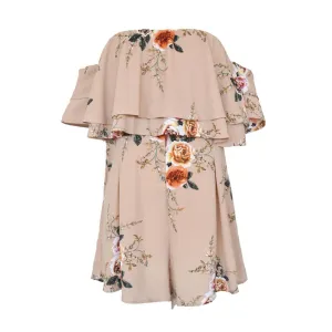 Celino Women Apricot Floral Print Off Shoulder Short Sleeve Mini Dress