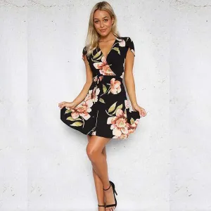Celino Women Short Sleeve Wrap V Neck Front Floral Print Bohemian Mini Dress