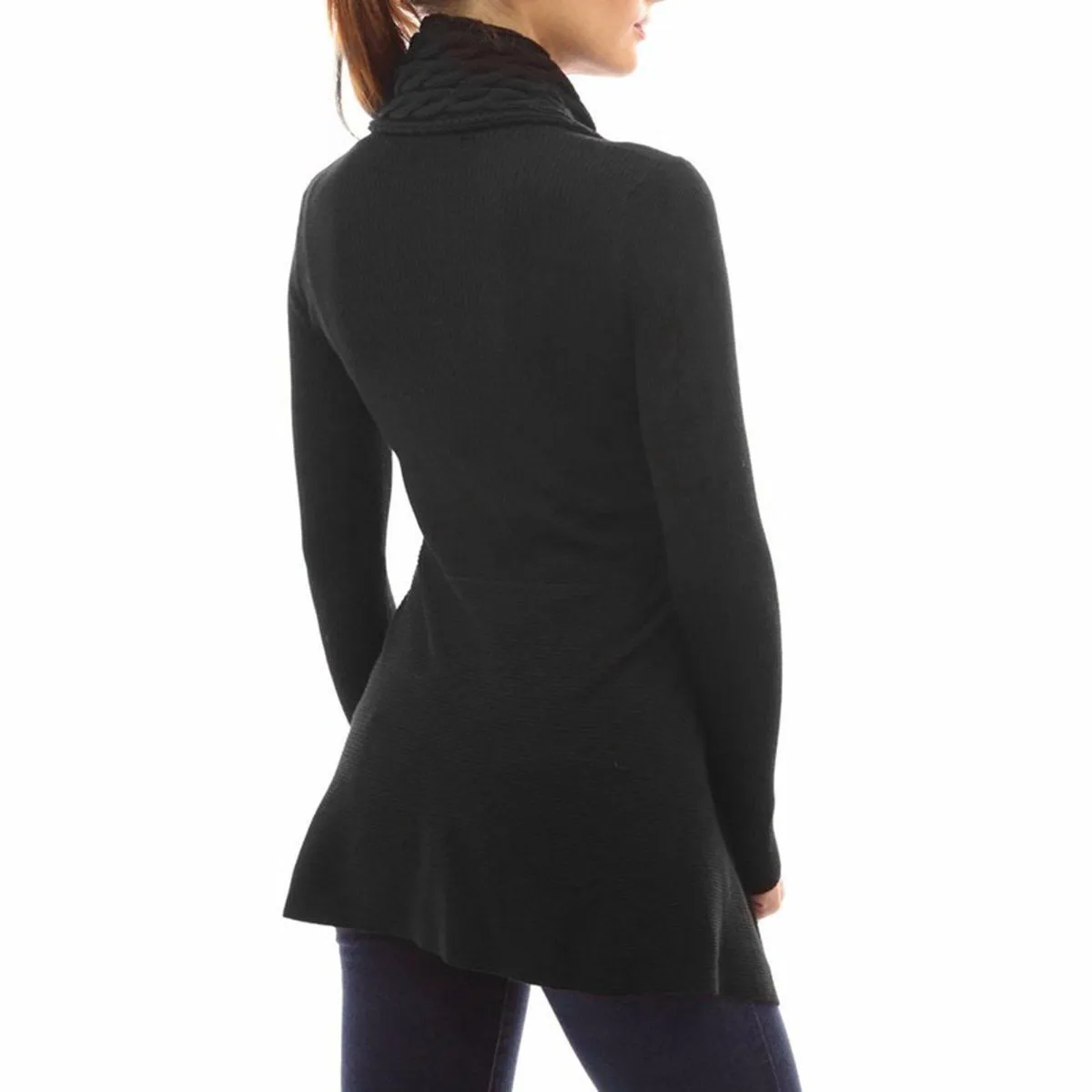 Celino Women's Black Long Sleeve V Neck Full Collar Sweater