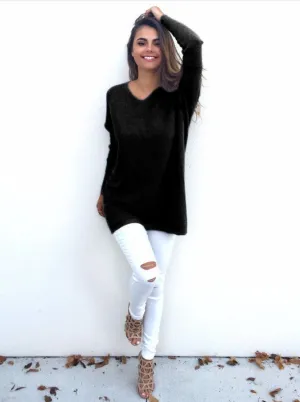 Celino Women's Black Sexy Long Sleeve V Neck Autumn Knitted Tops Sweater