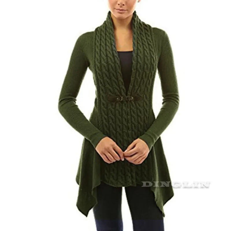Celino Women's Green Long Sleeve V Neck Full Collar Sweater