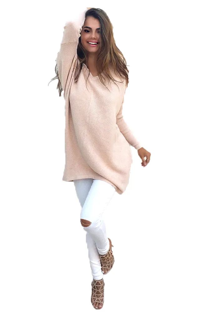 Celino Women's Peach Sexy Long Sleeve V Neck Autumn Knitted Tops Sweater