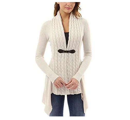 Celino Women's Tan Long Sleeve V Neck Full Collar Sweater
