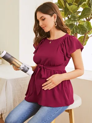 Cherry Vibes Maternidad Top con Cinturón de Manga Mariposa