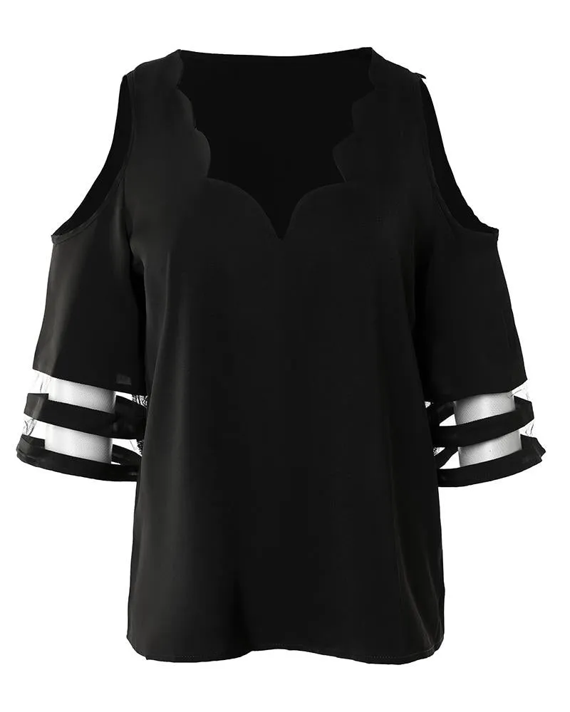 Cold Shoulder Mesh Patch Scallop Trim Top