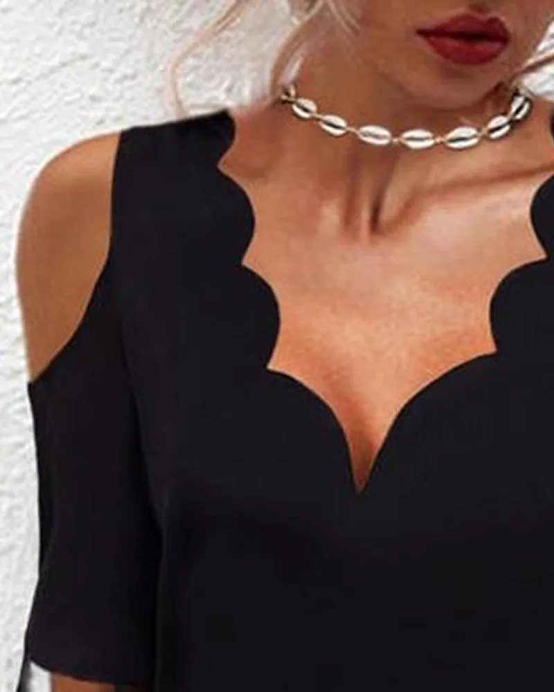 Cold Shoulder Mesh Patch Scallop Trim Top