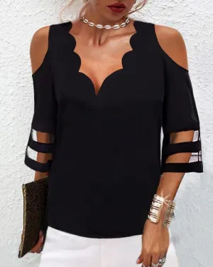 Cold Shoulder Mesh Patch Scallop Trim Top