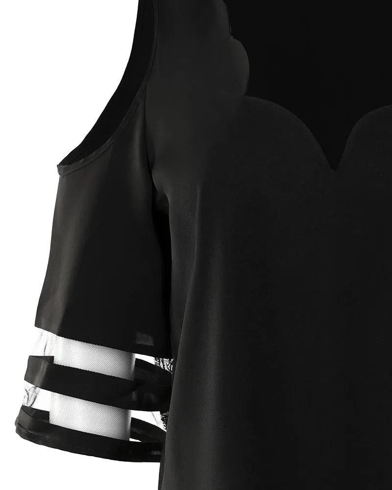 Cold Shoulder Mesh Patch Scallop Trim Top