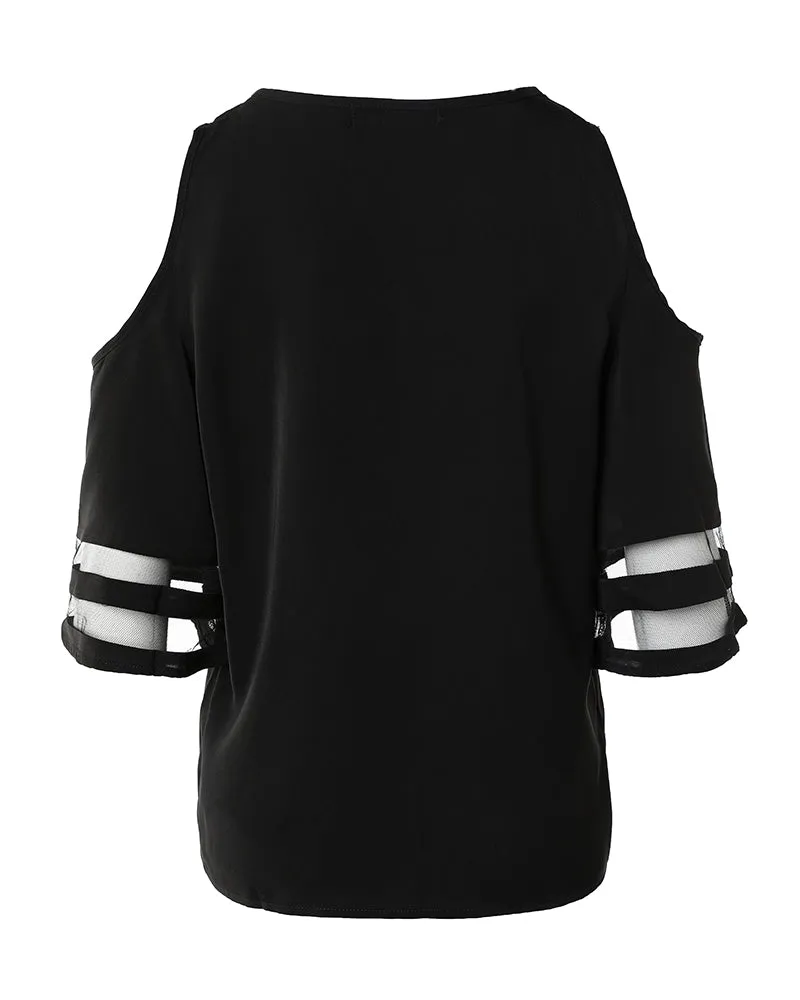 Cold Shoulder Mesh Patch Scallop Trim Top