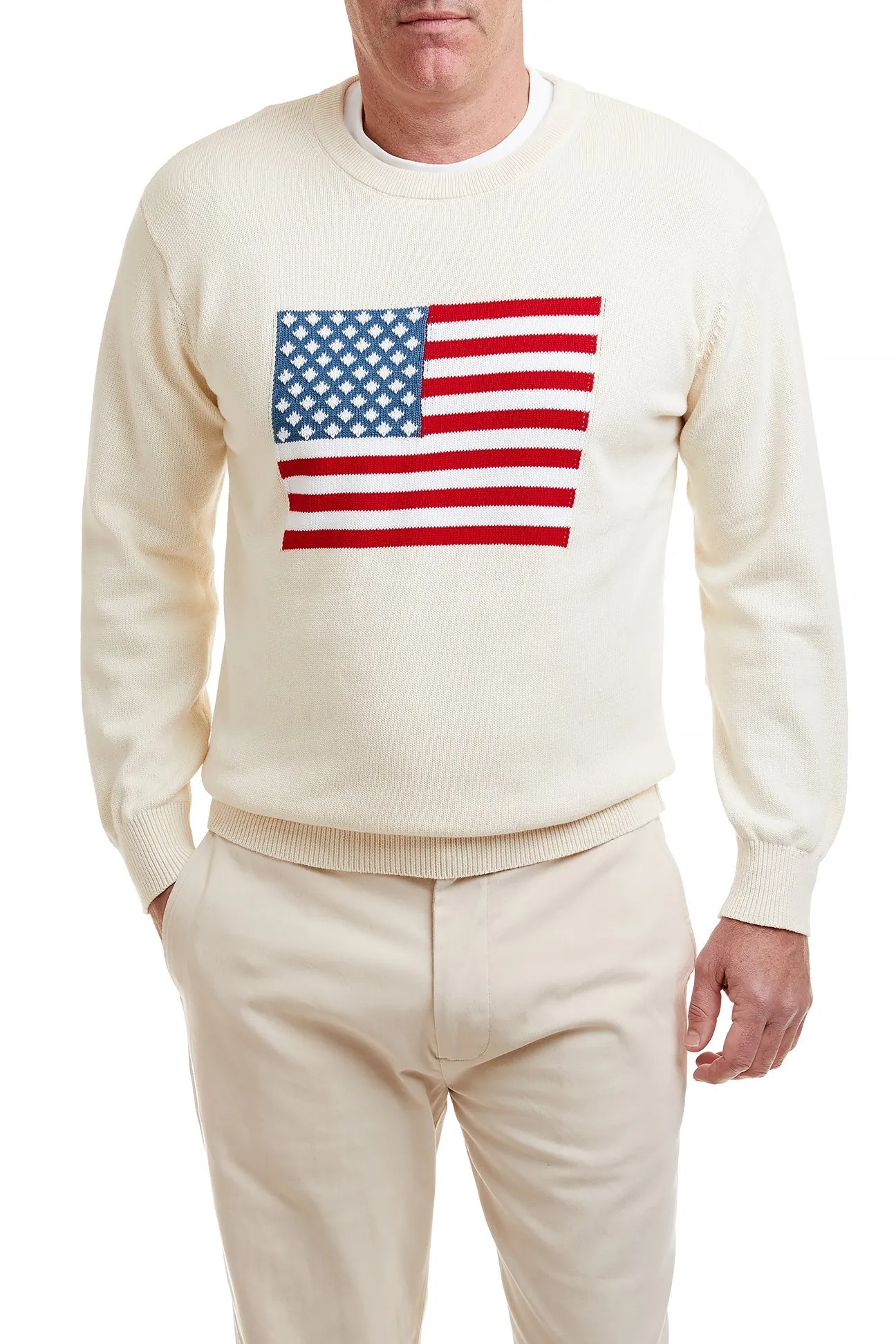 Crew Neck Sweater Cream With American Flag