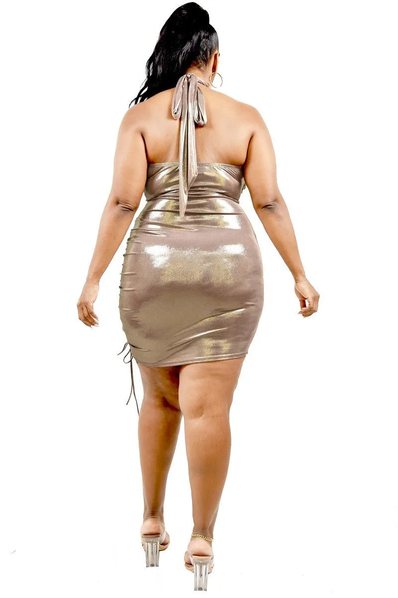 Curvy Metallic Cross Wrap Halter Mini Dress