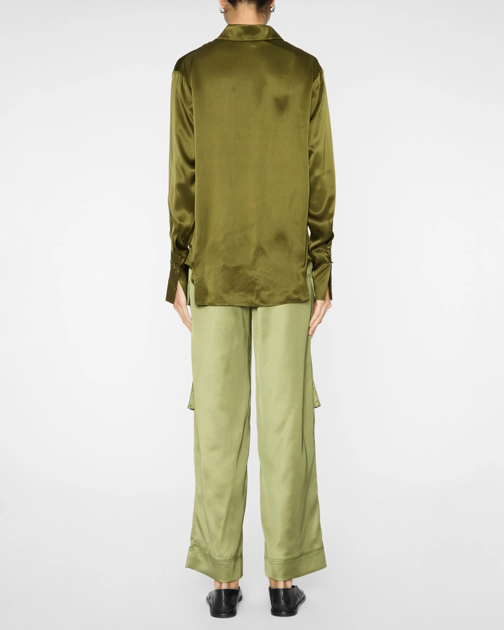 Daria French Cuff Silk Blouse in Army Green