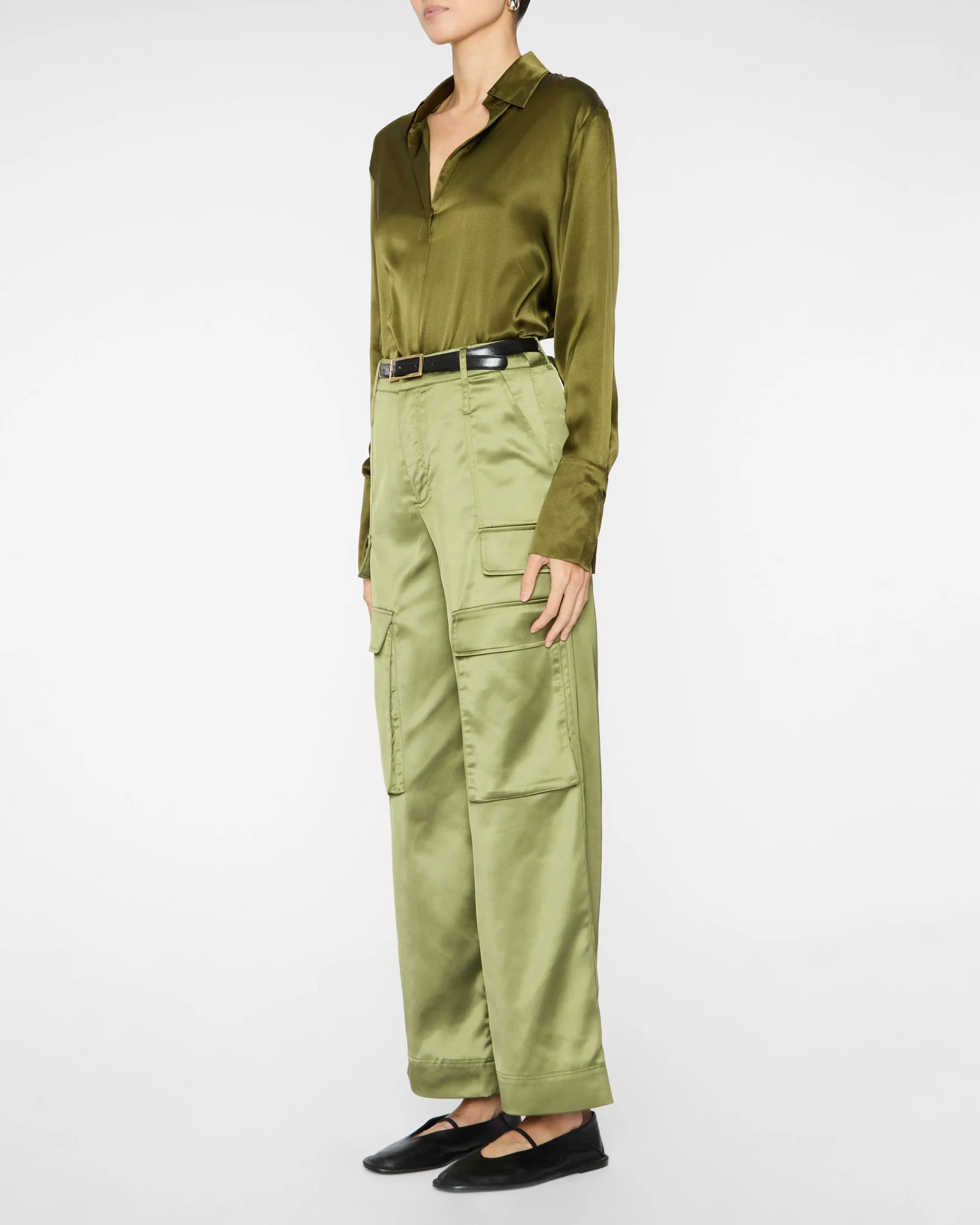 Daria French Cuff Silk Blouse in Army Green