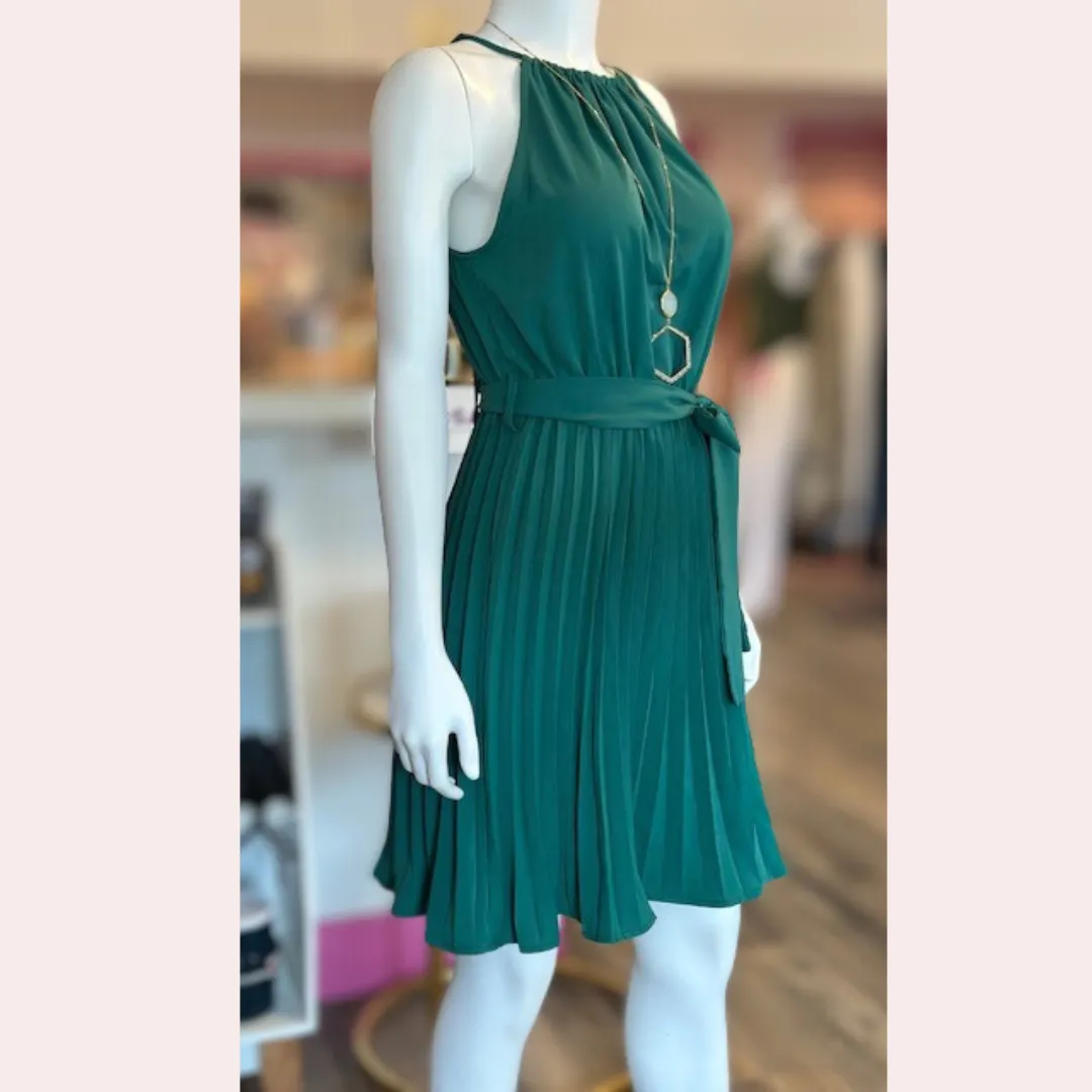 Dark green halter neck pleated dress