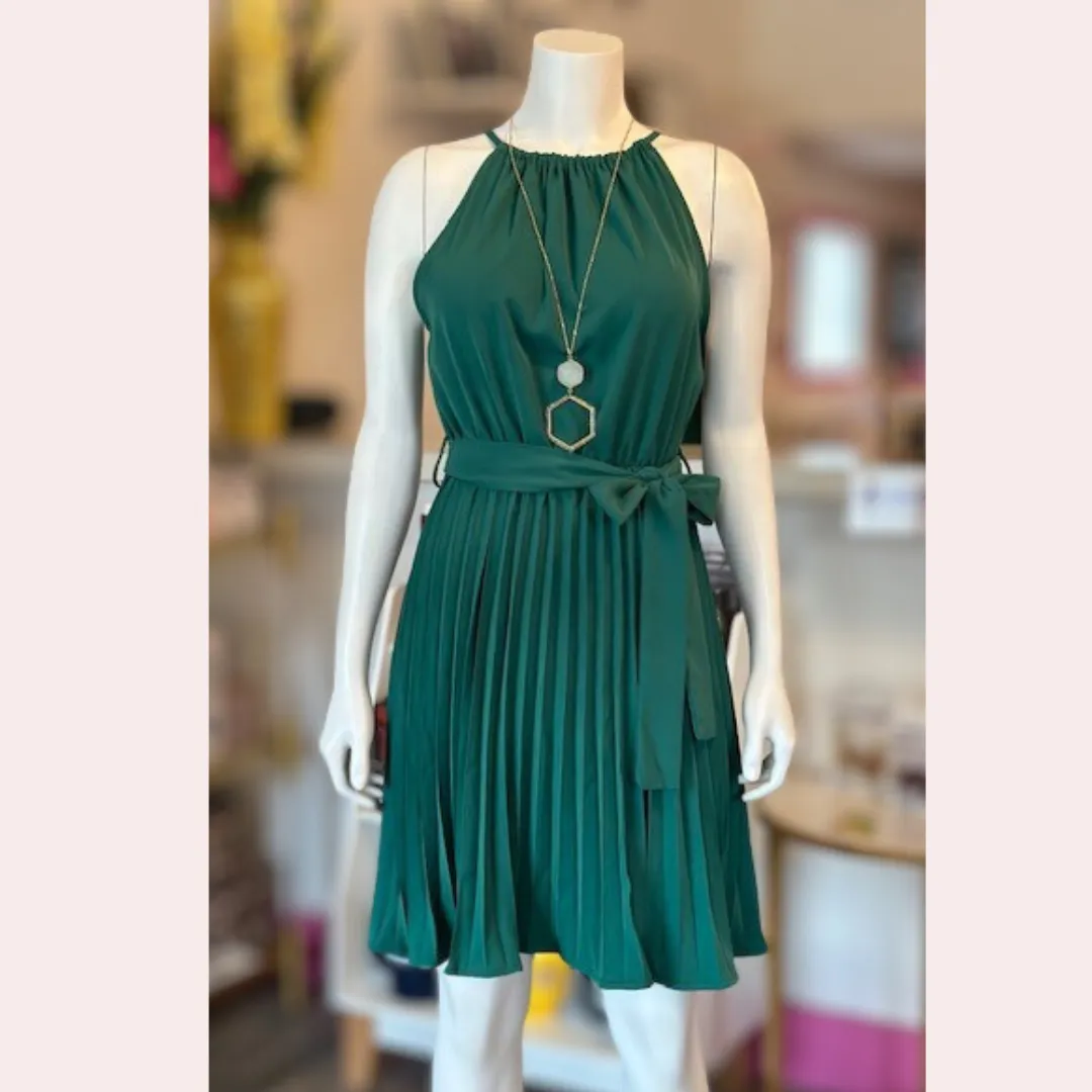 Dark green halter neck pleated dress