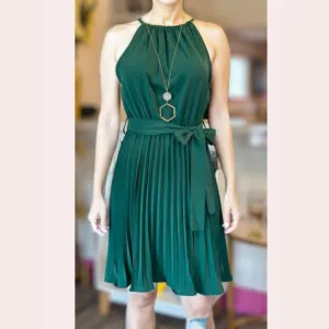 Dark green halter neck pleated dress