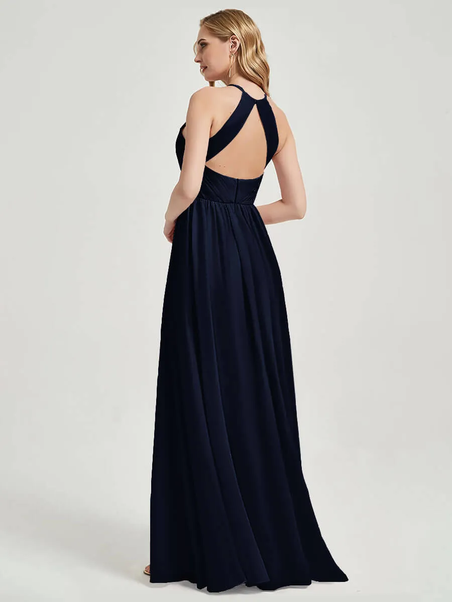 Dark Navy Halter Pleated Keyhole Back Chiffon Maxi Bridesmaid Dress