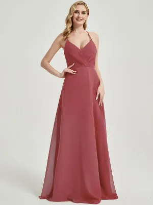 Desert Rose Pleated Halter V-Neck Backless Chiffon Bridesmaid Dress