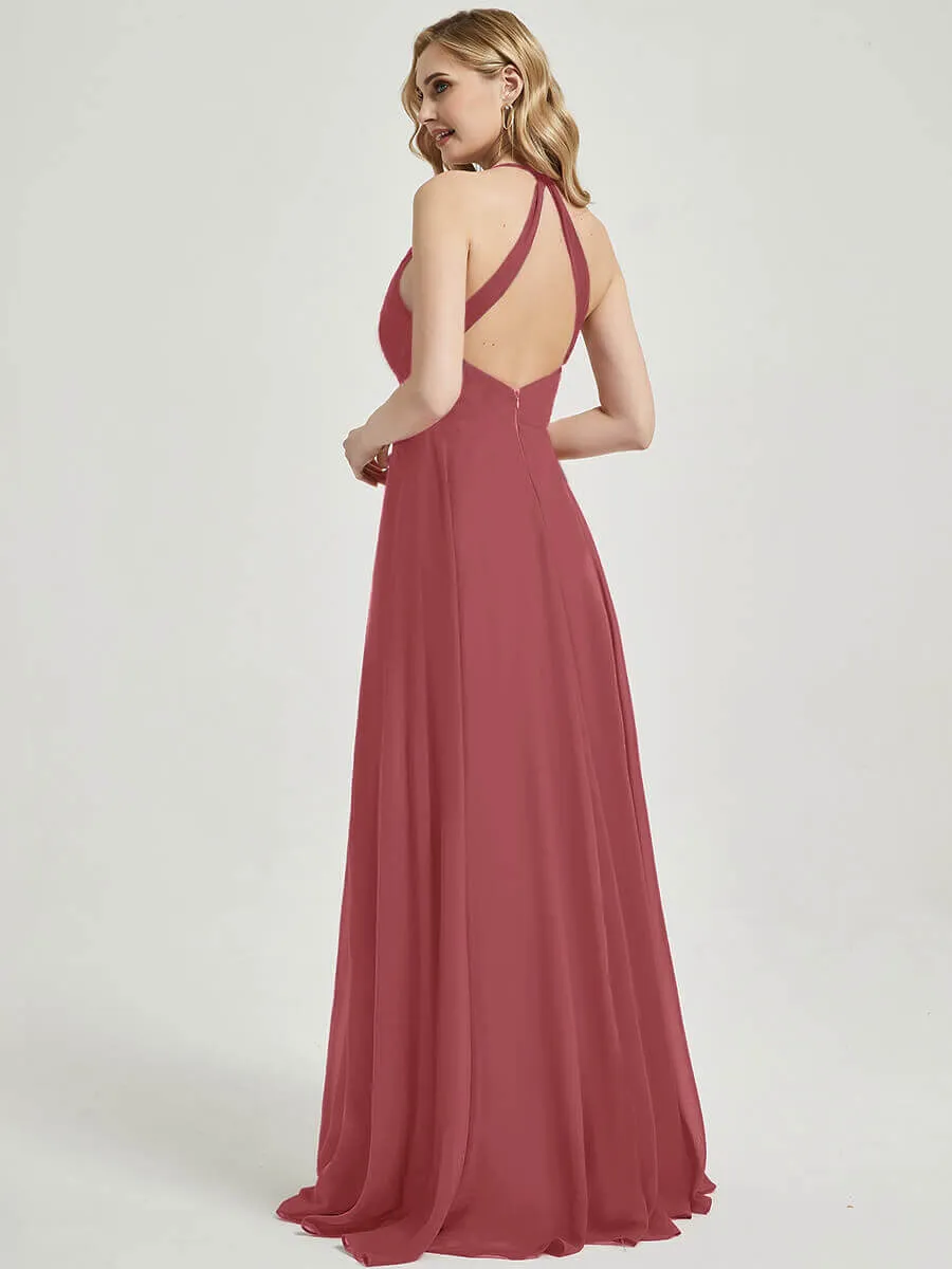 Desert Rose Pleated Halter V-Neck Backless Chiffon Bridesmaid Dress