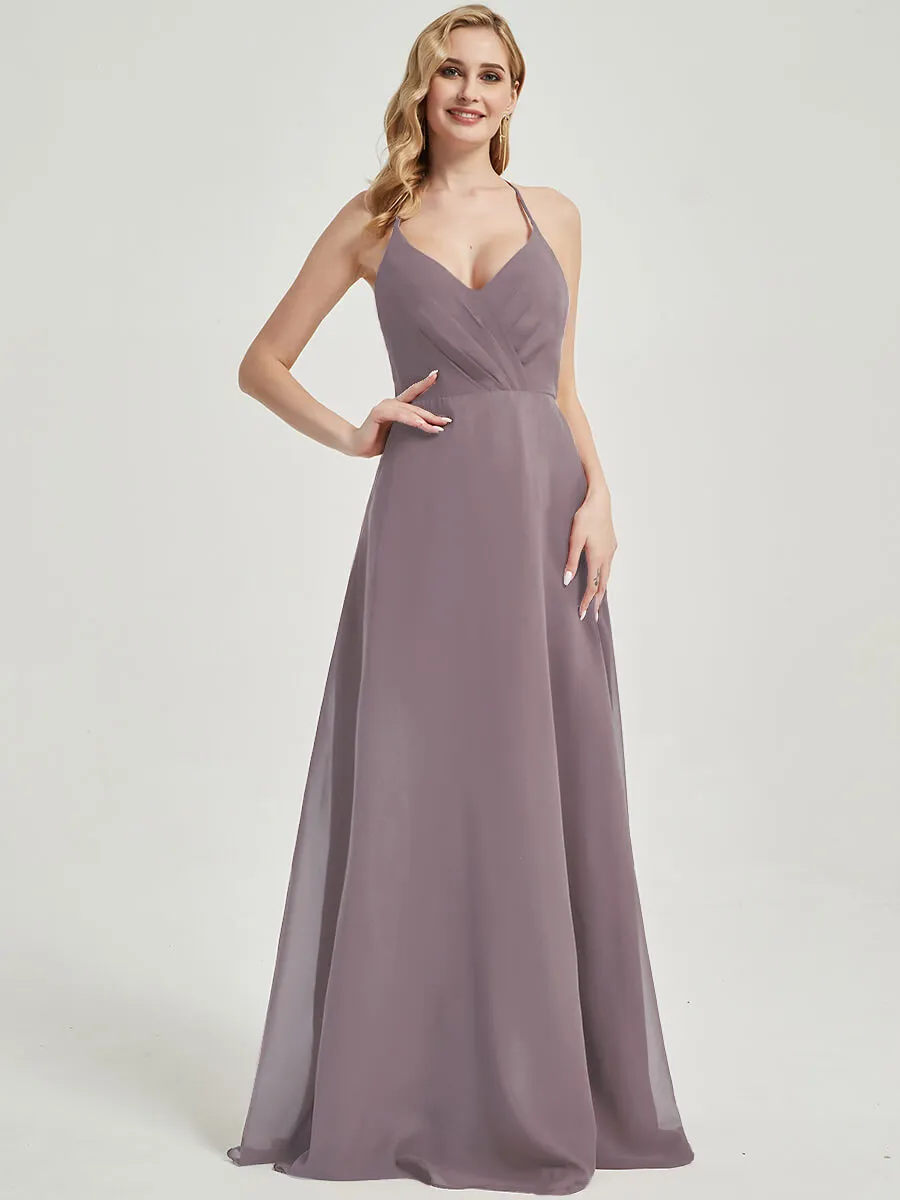 Dusk Pleated Halter V-Neck Backless A-Line Chiffon Bridesmaid Dress