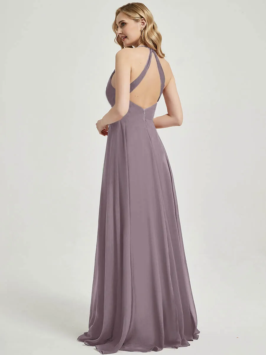 Dusk Pleated Halter V-Neck Backless A-Line Chiffon Bridesmaid Dress