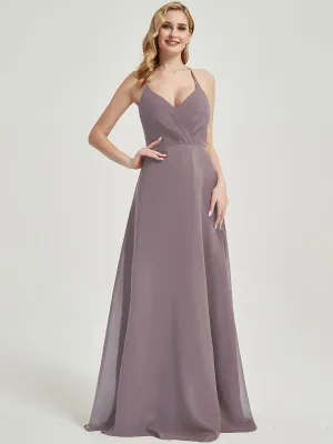 Dusk Pleated Halter V-Neck Backless A-Line Chiffon Bridesmaid Dress