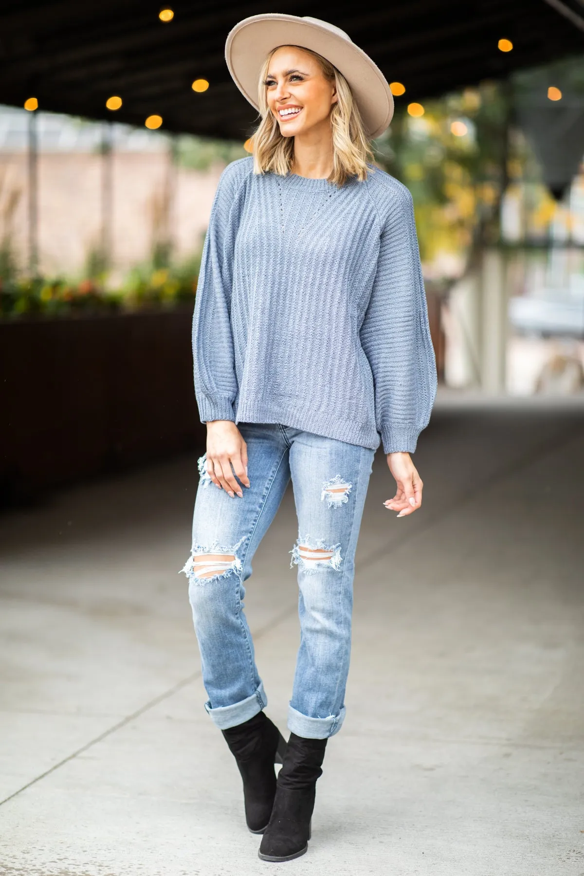 Dusty Blue Raglan Sleeve Sweater