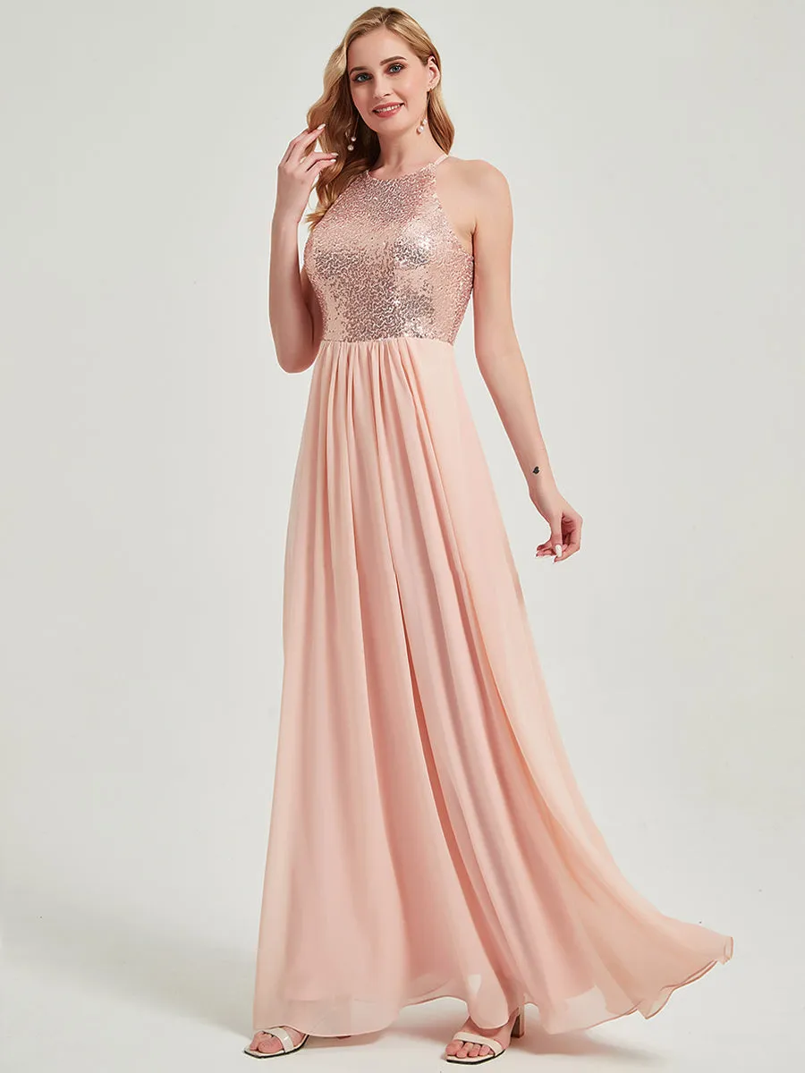 Dusty Pink A-Line Halter Neck Sequin Chiffon Maxi Bridesmaid Dress