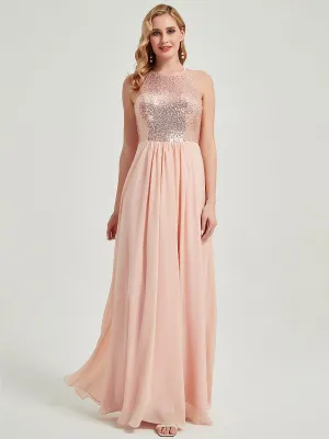 Dusty Pink A-Line Halter Neck Sequin Chiffon Maxi Bridesmaid Dress