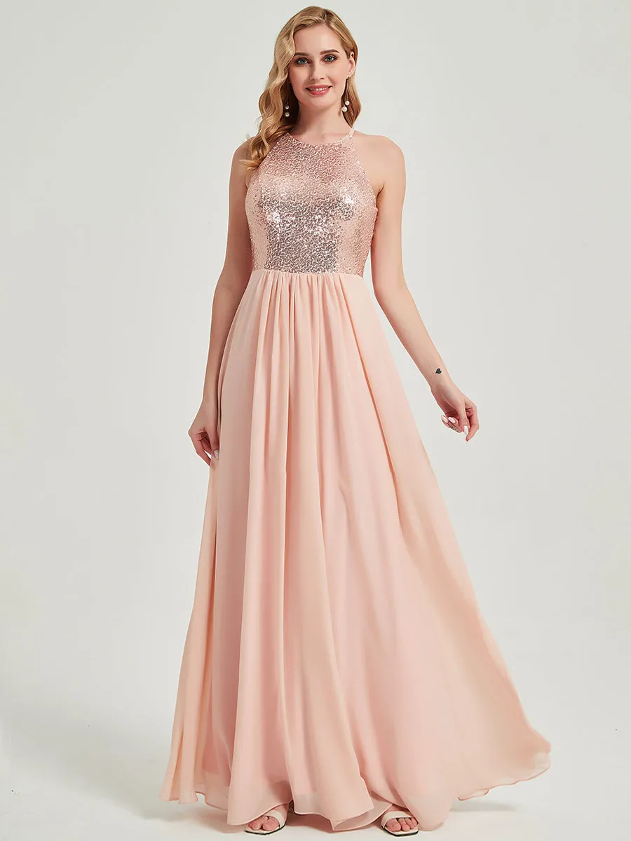 Dusty Pink A-Line Halter Neck Sequin Chiffon Maxi Bridesmaid Dress