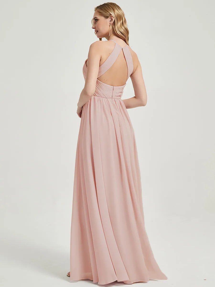 Dusty Pink Halter Pleated Keyhole Back Chiffon Bridesmaid Dress