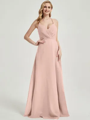 Dusty Pink Pleated Halter V-Neck Backless Chiffon Bridesmaid Dress
