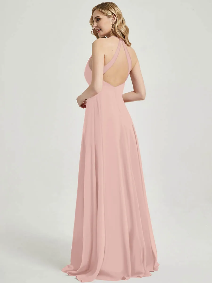 Dusty Pink Pleated Halter V-Neck Backless Chiffon Bridesmaid Dress