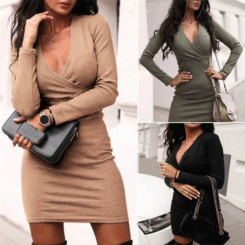 Elegant Fashion Women Long Sleeve Deep V Neck Jumper Dress Ladies Winter Bodycon Slim Short Mini Pencil Dresses Women Dress