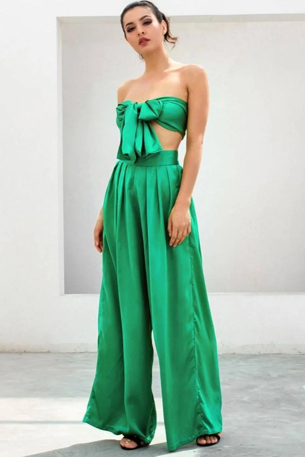 Emerald Green Strapless Wide Leg Pants Jumpsuit Set