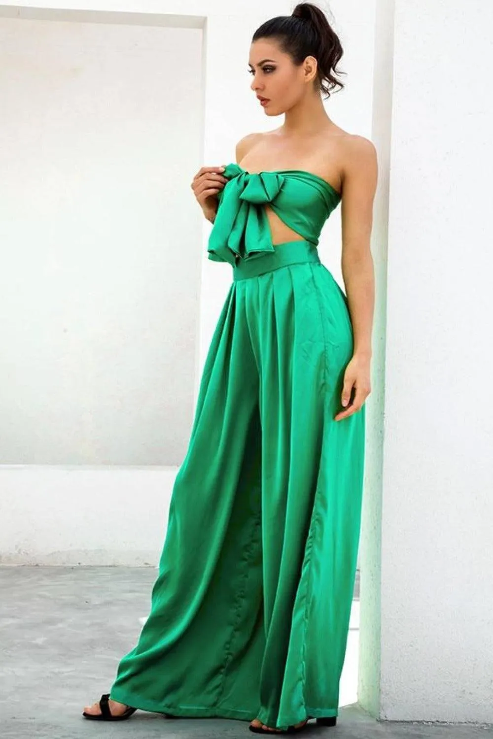 Emerald Green Strapless Wide Leg Pants Jumpsuit Set