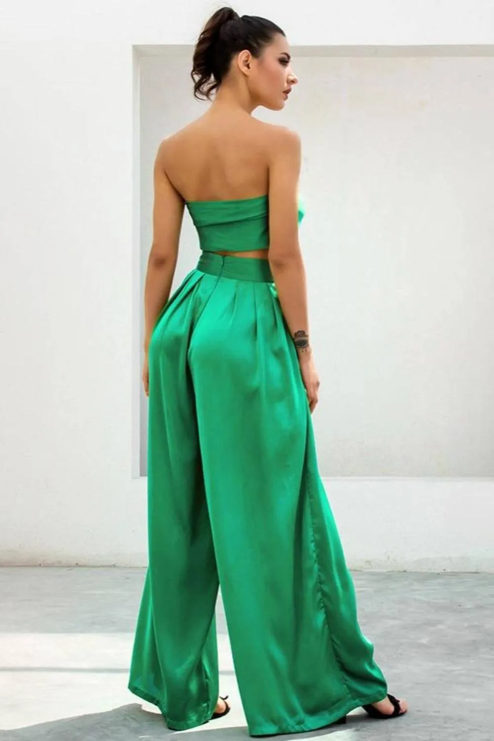 Emerald Green Strapless Wide Leg Pants Jumpsuit Set