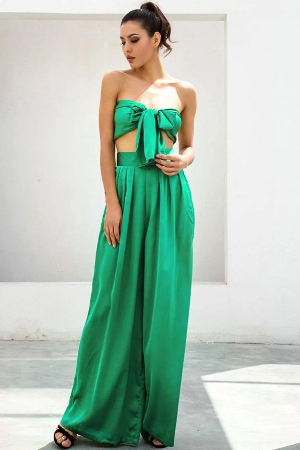 Emerald Green Strapless Wide Leg Pants Jumpsuit Set