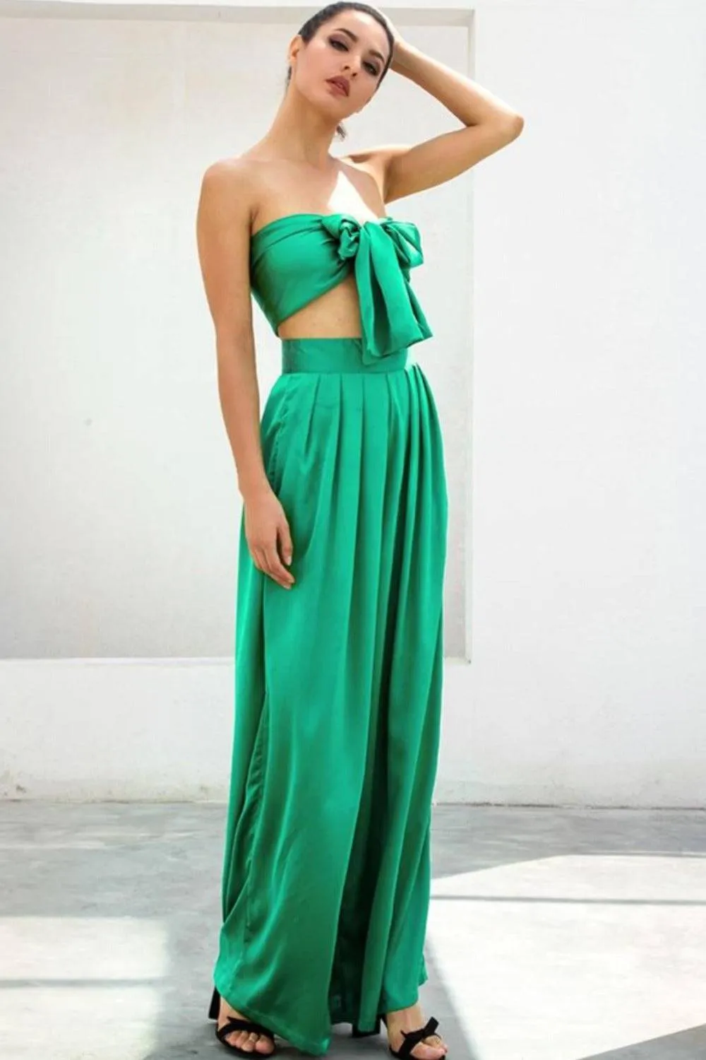 Emerald Green Strapless Wide Leg Pants Jumpsuit Set