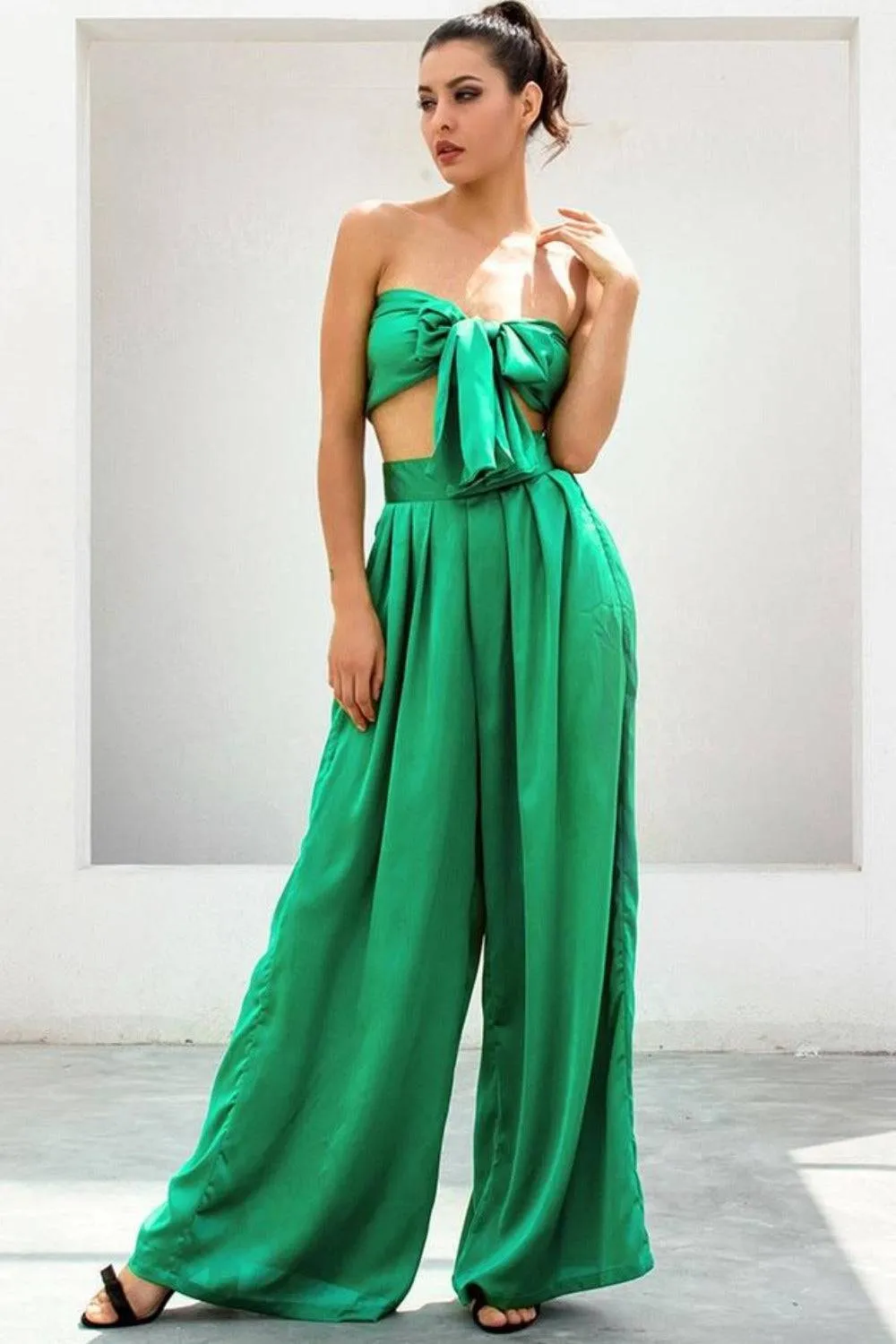 Emerald Green Strapless Wide Leg Pants Jumpsuit Set